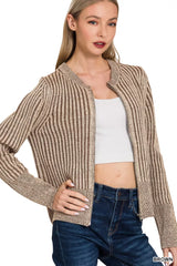 Zenana Ribbed Two Tone Zip Up Sweater Cardigan Trendsi