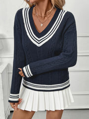 Contrast Striped V-Neck Sweater OutfitFlow