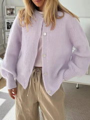 Button-Front Round Neck Cardigan OutfitFlow