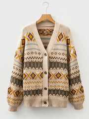 Western Pattern Knitted Button V Neck Cardigan Sweater OutfitFlow