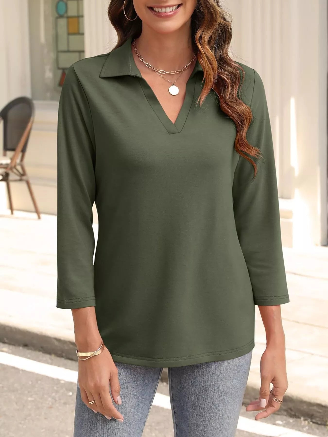 Johnny Collar Solid Color Top Army Green OutfitFlow