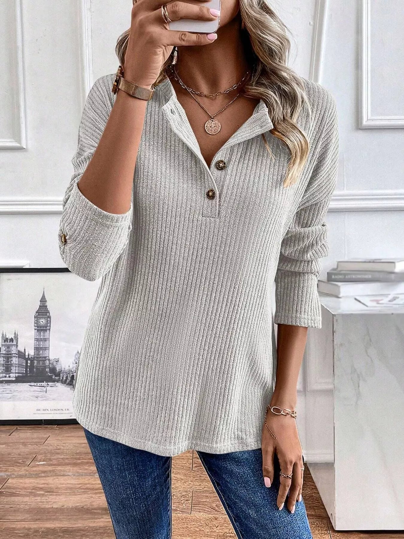 Ribbed Knit Button Detail Long Sleeve T-Shirt OutfitFlow