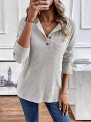 Ribbed Knit Button Detail Long Sleeve T-Shirt OutfitFlow