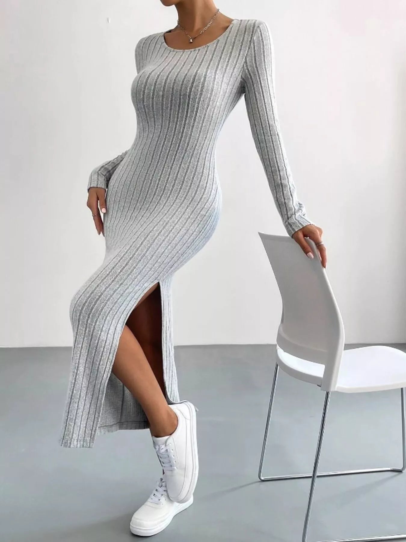 Full Size Ribbed Knit Bodycon Midi Dress Plus Size Light Gray OutfitFlow