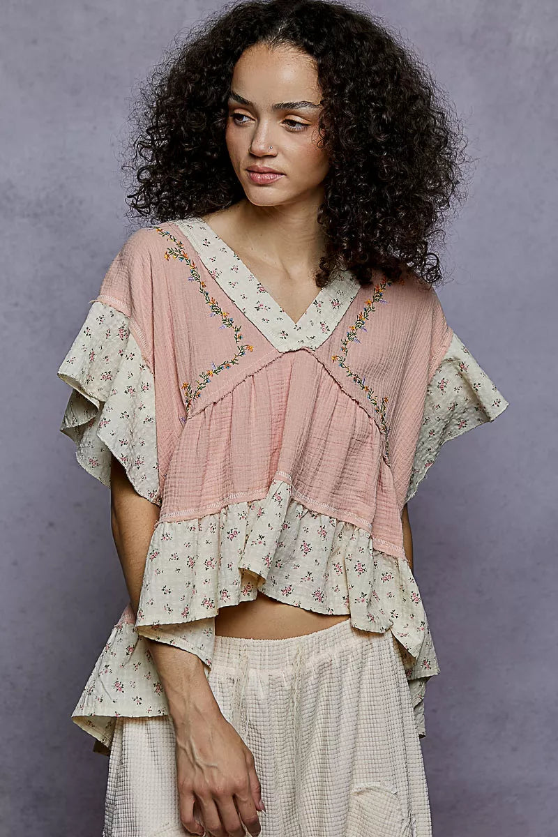POL Floral V-Neck Short Sleeve Ruffled Double Gauze Blouse with Embroidery Detail OutfitFlow
