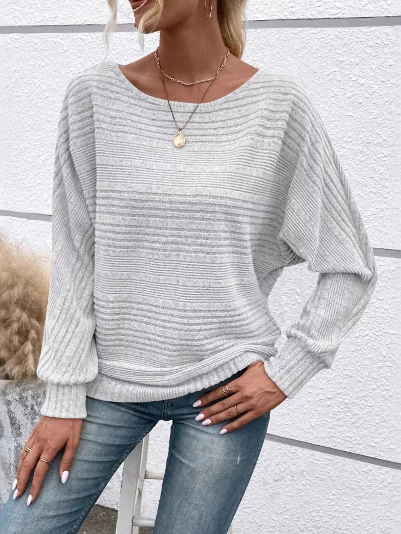 Ribbed Round Neck Long Sleeve Top Light Gray OutfitFlow