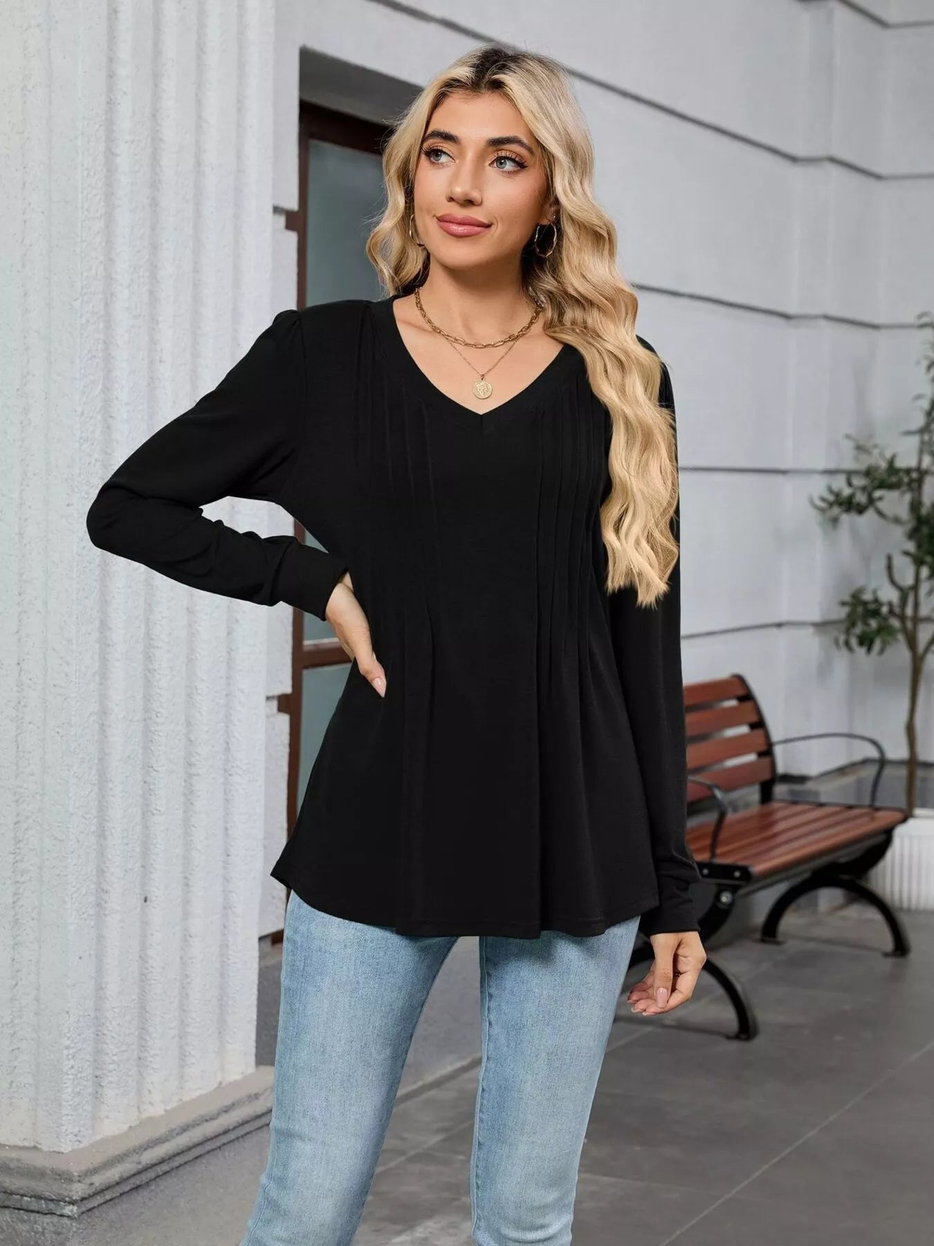 V-Neck Long Sleeve Relaxed Fit T-Shirt OutfitFlow
