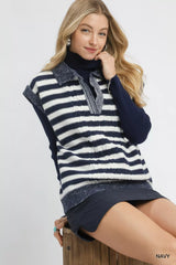 Umgee Cable Knit Collared Striped Vest Sweater OutfitFlow