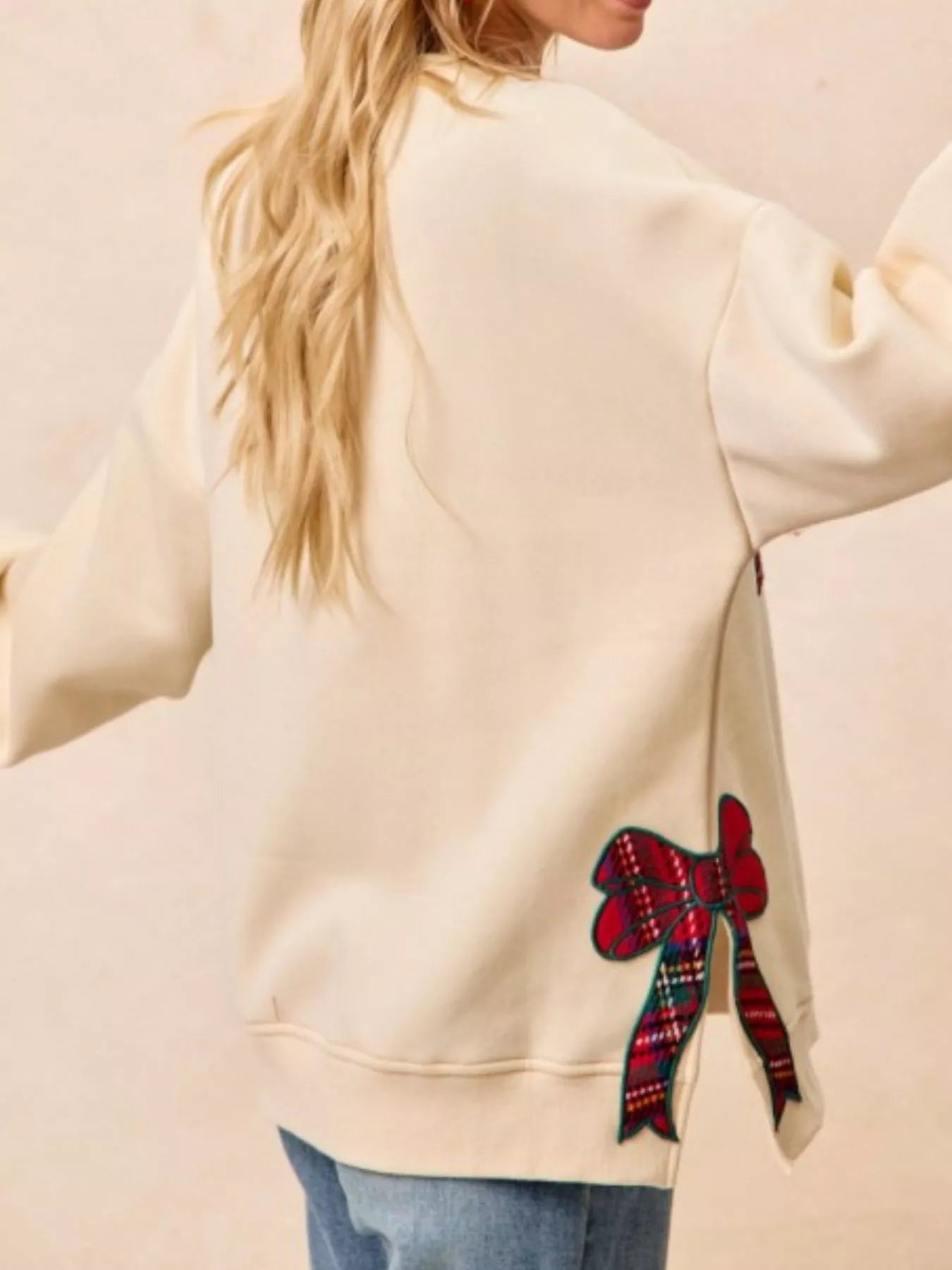 MERRY Bow Slit Crew Neck Christmas Sweatshirt OutfitFlow