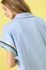 Umgee Contrast Trim Half Zip Collared Blouse OutfitFlow