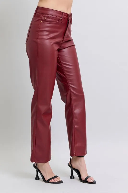 Judy Blue Full Size High Waist Tummy Control Faux Leather Straight Pants Plus Size OutfitFlow