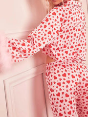 Heart Print Long Sleeve Top and Pants Lounge Set OutfitFlow