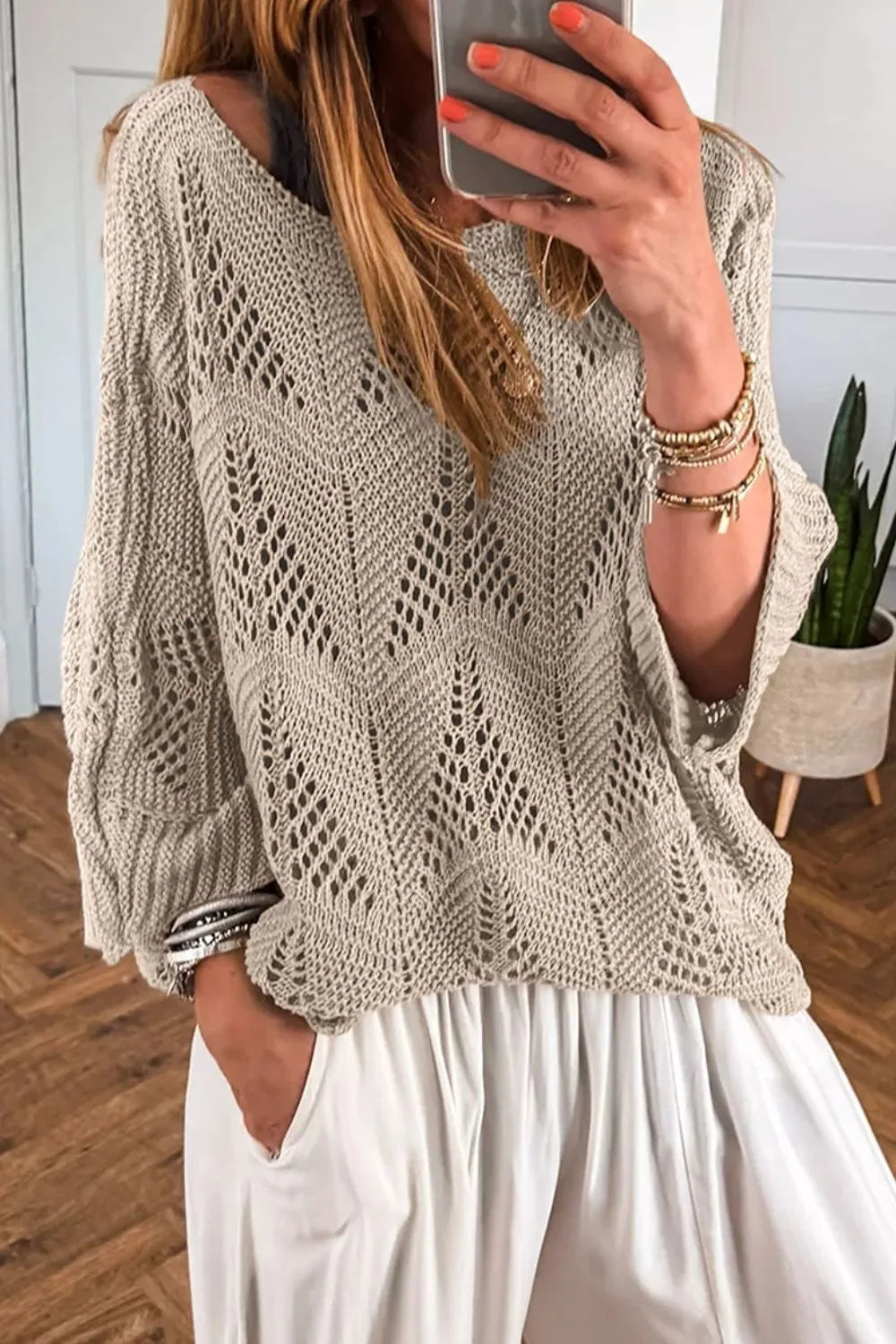 Openwork Round Neck Knit Top OutfitFlow
