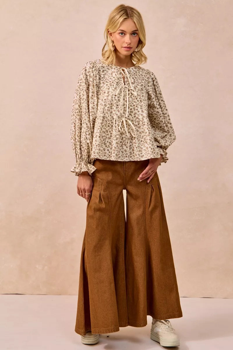 BiBi Floral Printed Peplum Blouse with Shirring and Tied OutfitFlow