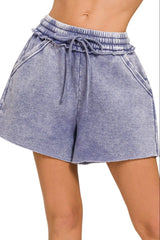 Zenana Acid Wash Fleece Drawstring Shorts With Pockets MARLIN OutfitFlow