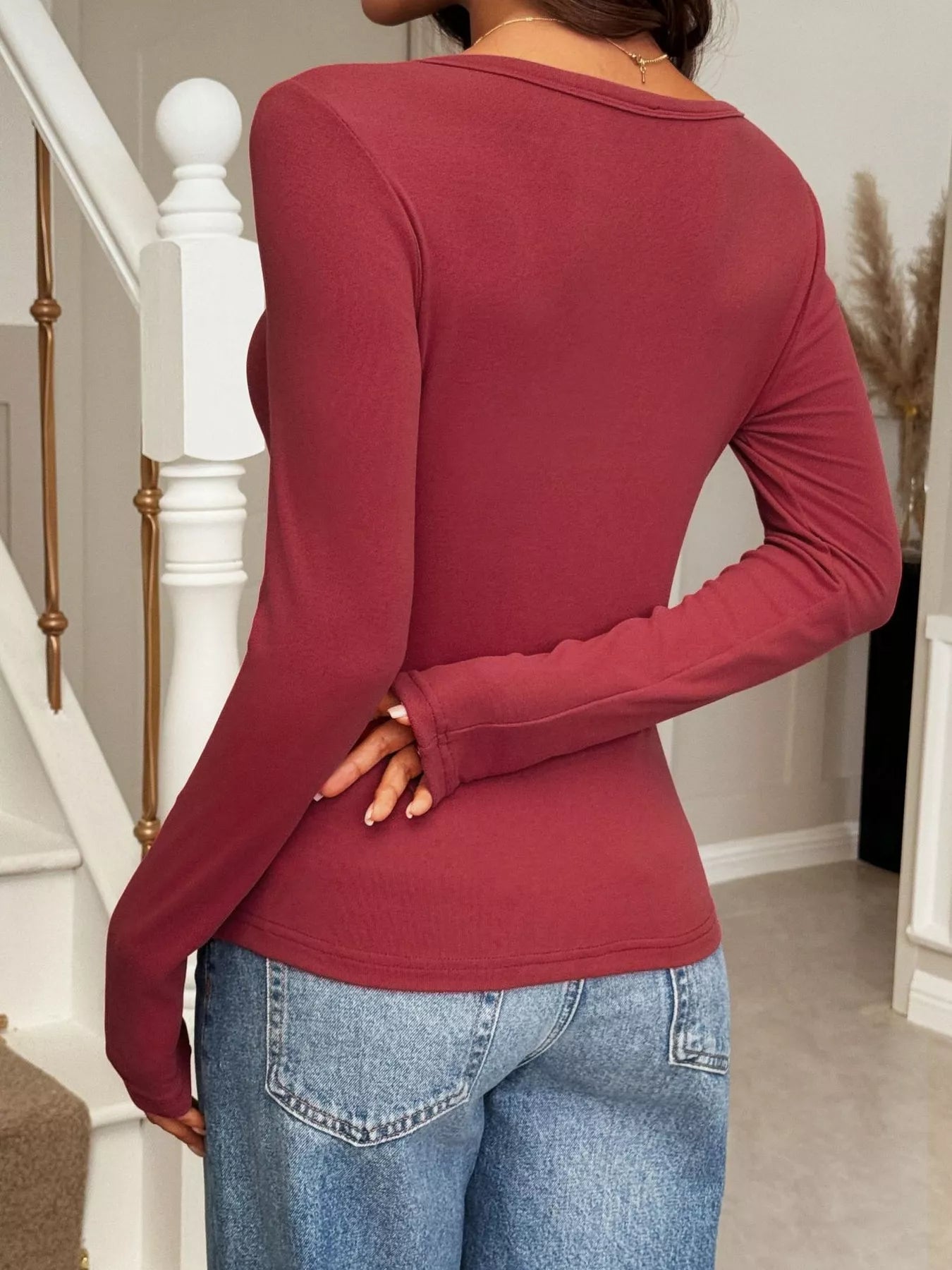 Button-Front Long Sleeve Knit Top Trendsi