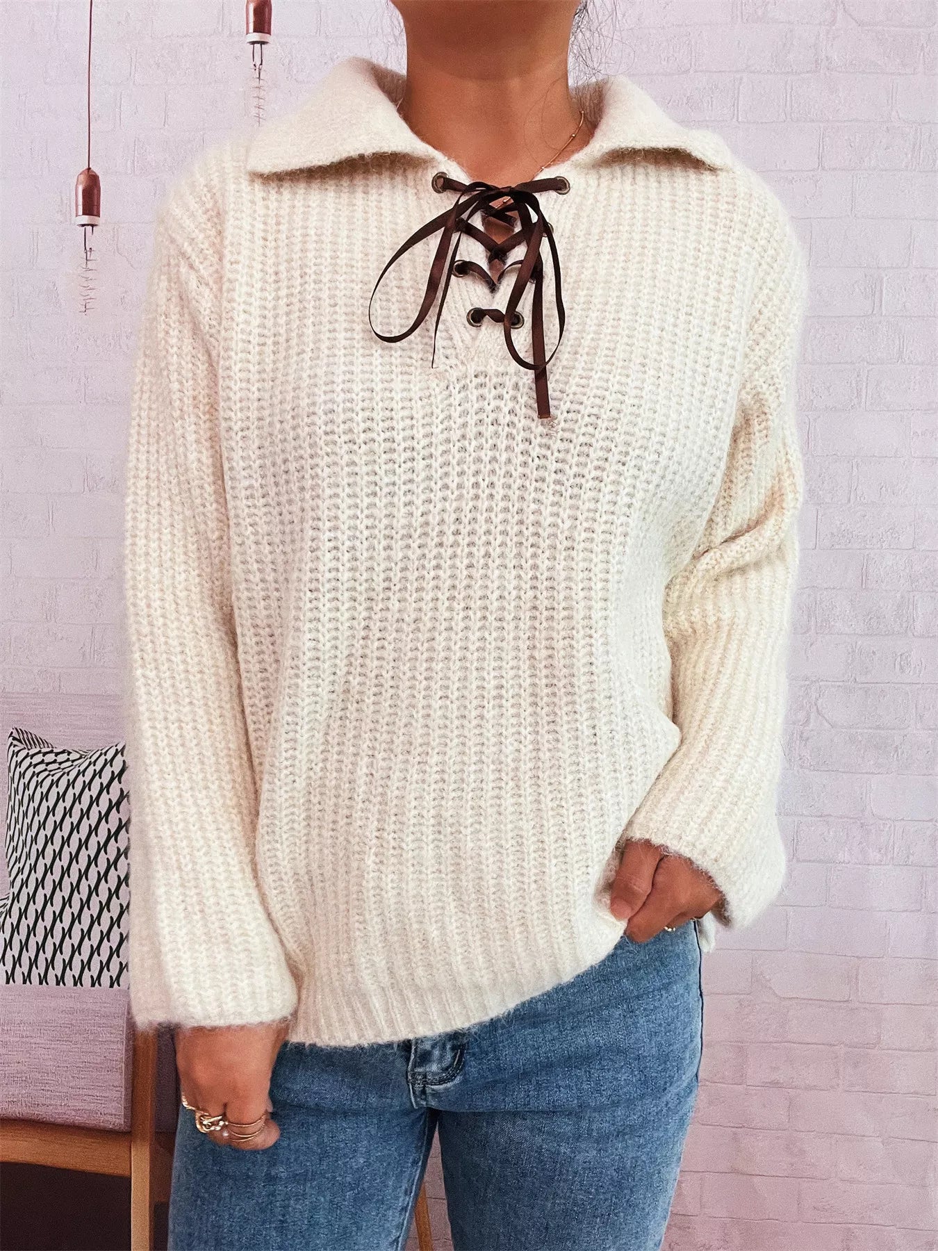 Lace Up Long Sleeve Sweater OutfitFlow