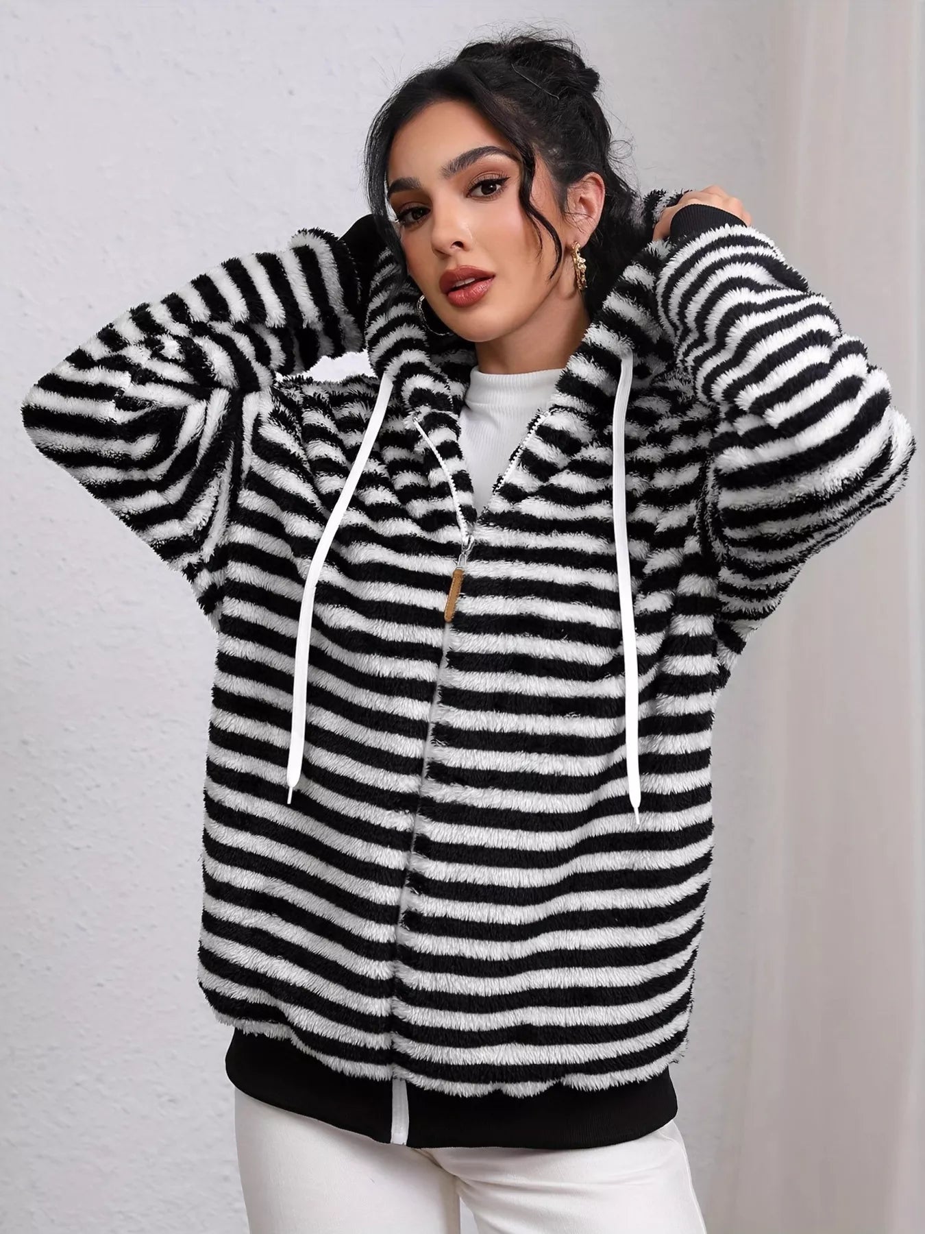 Striped Plush Zip-Up Hooded Outerwear Black OutfitFlow