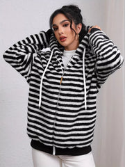 Striped Plush Zip-Up Hooded Outerwear Black OutfitFlow