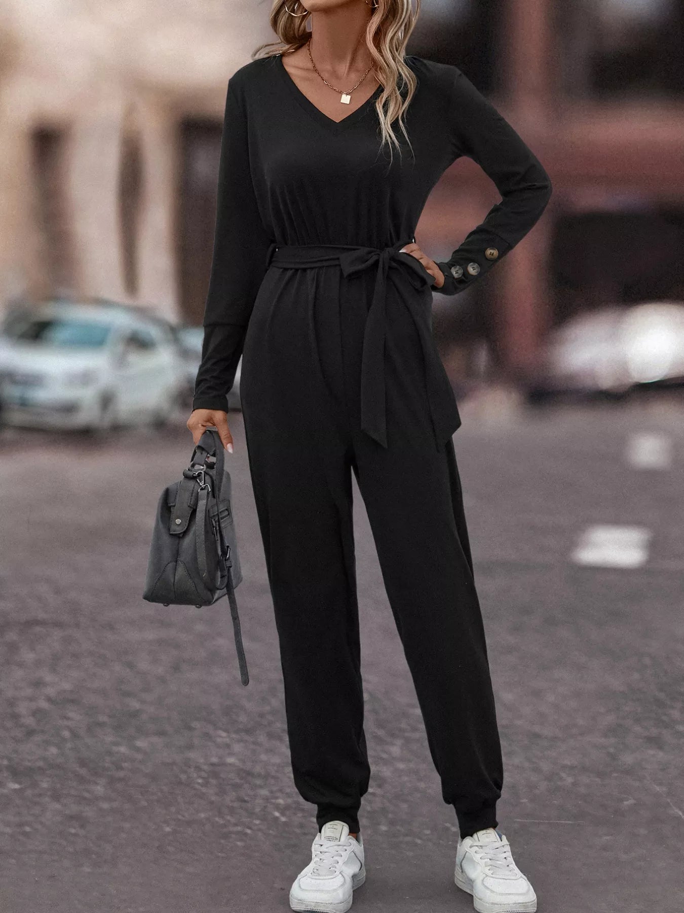 V-Neck Long Sleeve Tie Waist Jumpsuit OutfitFlow