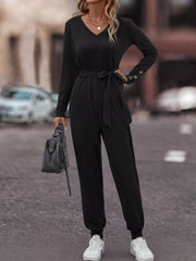 V-Neck Long Sleeve Tie Waist Jumpsuit OutfitFlow