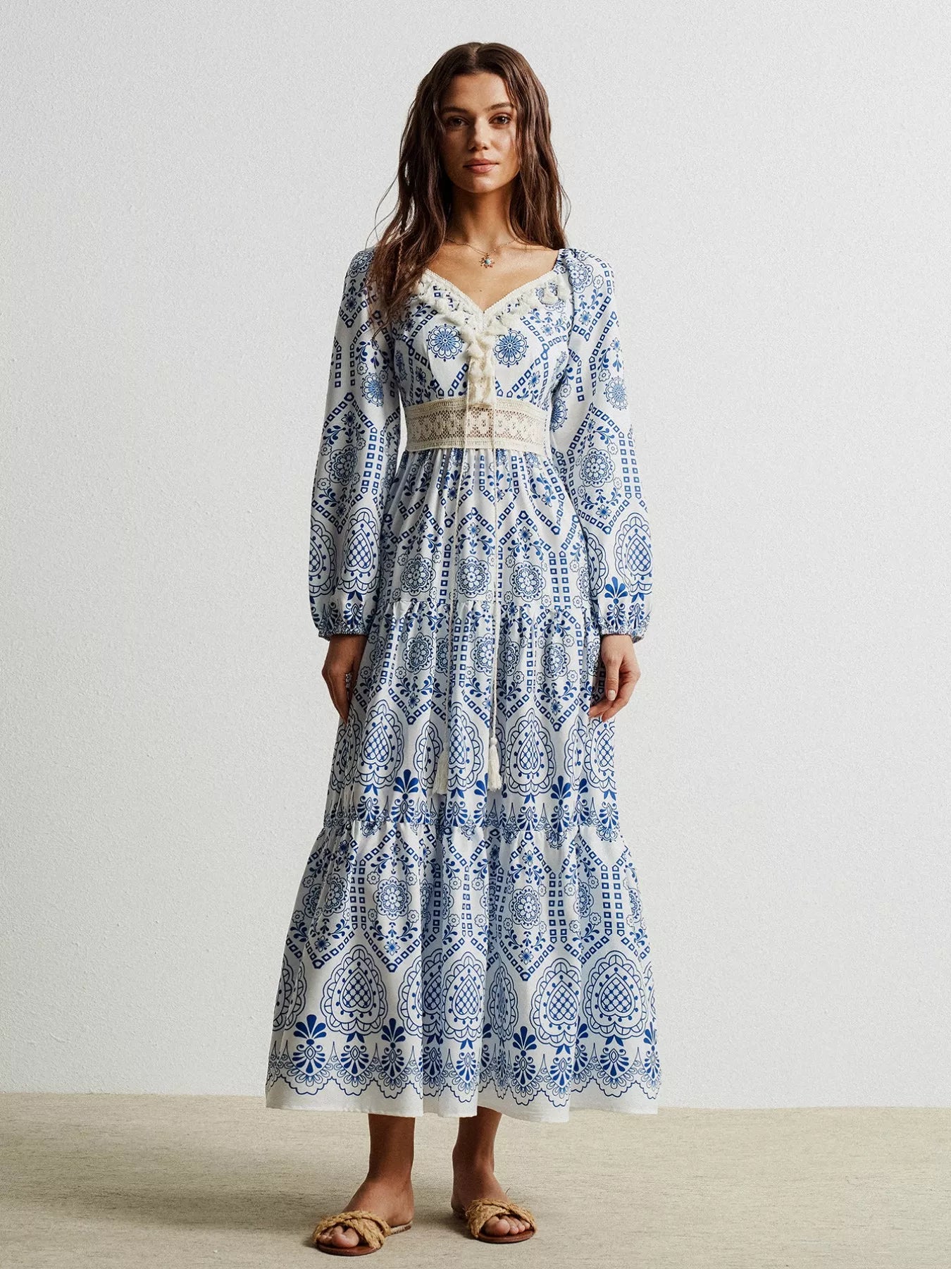 Bohemian Print Midi Dress with Tassel Detail OutfitFlow