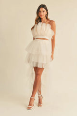 MABLE Tulle Tube Ruffle Crop Top and High Low Maxi Skirt Set OutfitFlow