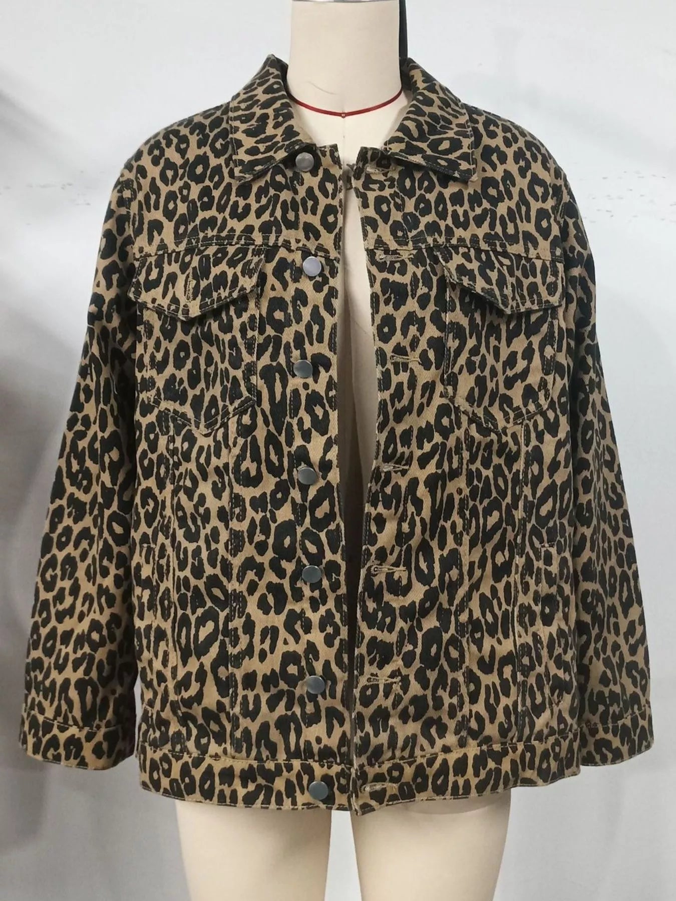 Leopard Button Up Long Sleeve Denim Jacket OutfitFlow