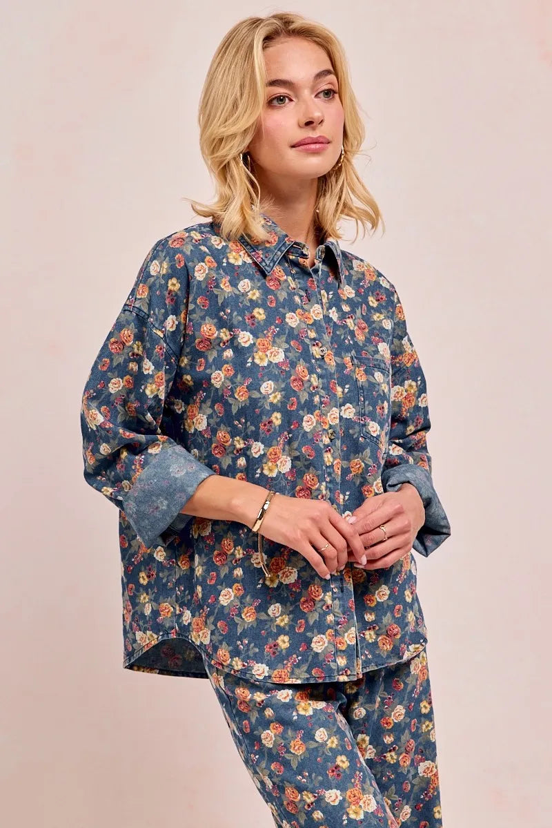 BiBi Washed Floral Print Denim Jacket OutfitFlow