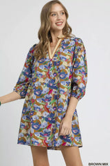Umgee Boho Floral Balloon Sleeve Mini Dress BROWN MIX Trendsi