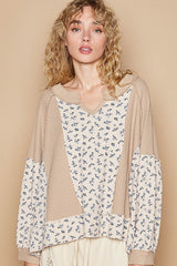 Outfit Flow - POL Waffle Knit Floral Notched Long Sleeve Top