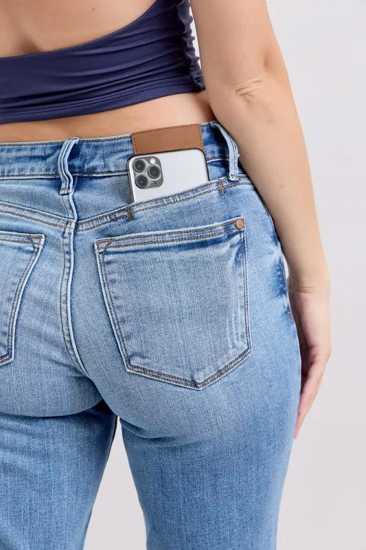 Judy Blue Full Size Mid Rise Vintage Wash Slim Jeans with Cell Phone Pocket Plus Size OutfitFlow
