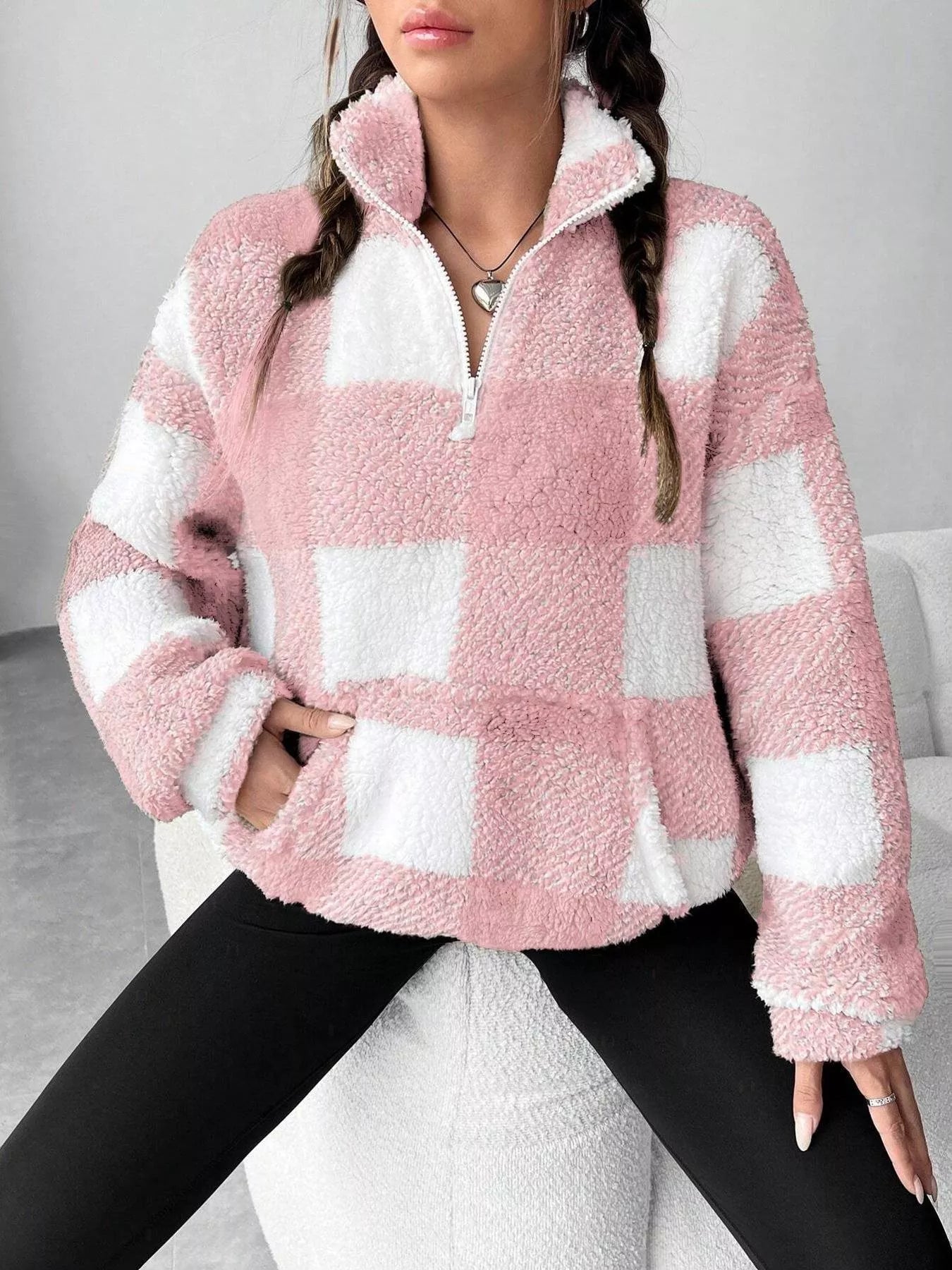 Full Size Plaid Sherpa Long Sleeve Sweatshirt Plus Size Pink OutfitFlow