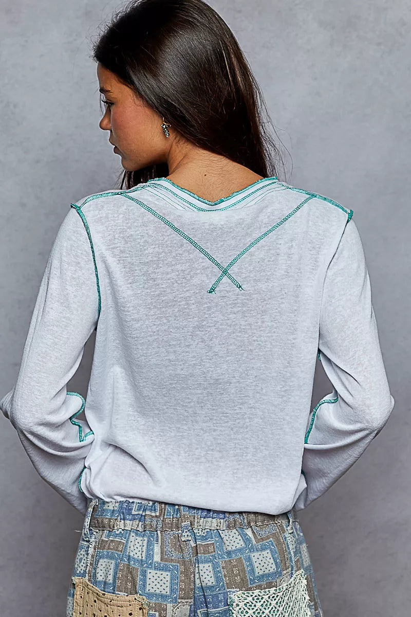 POL Round Neck Long Sleeve Top with Contrast Stitching OutfitFlow