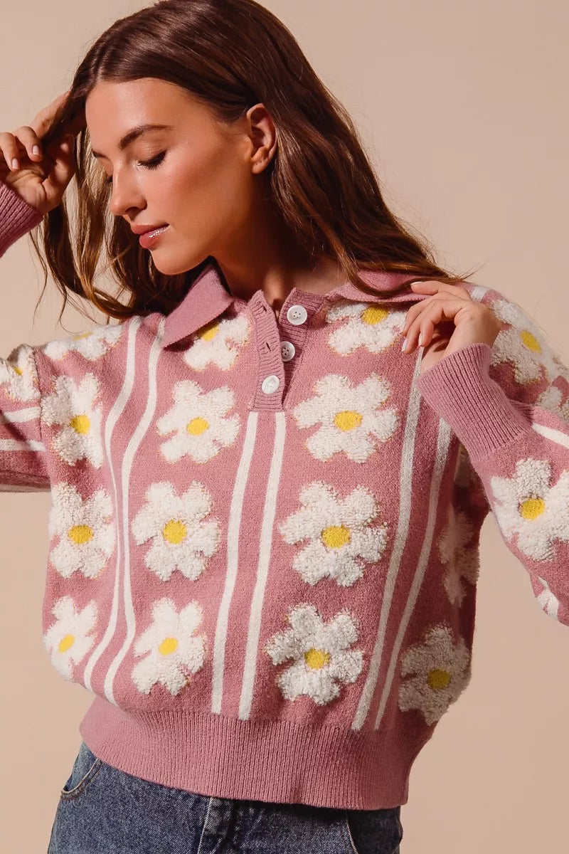 SO ME Floral Stripe Polo Collar Sweater Trendsi