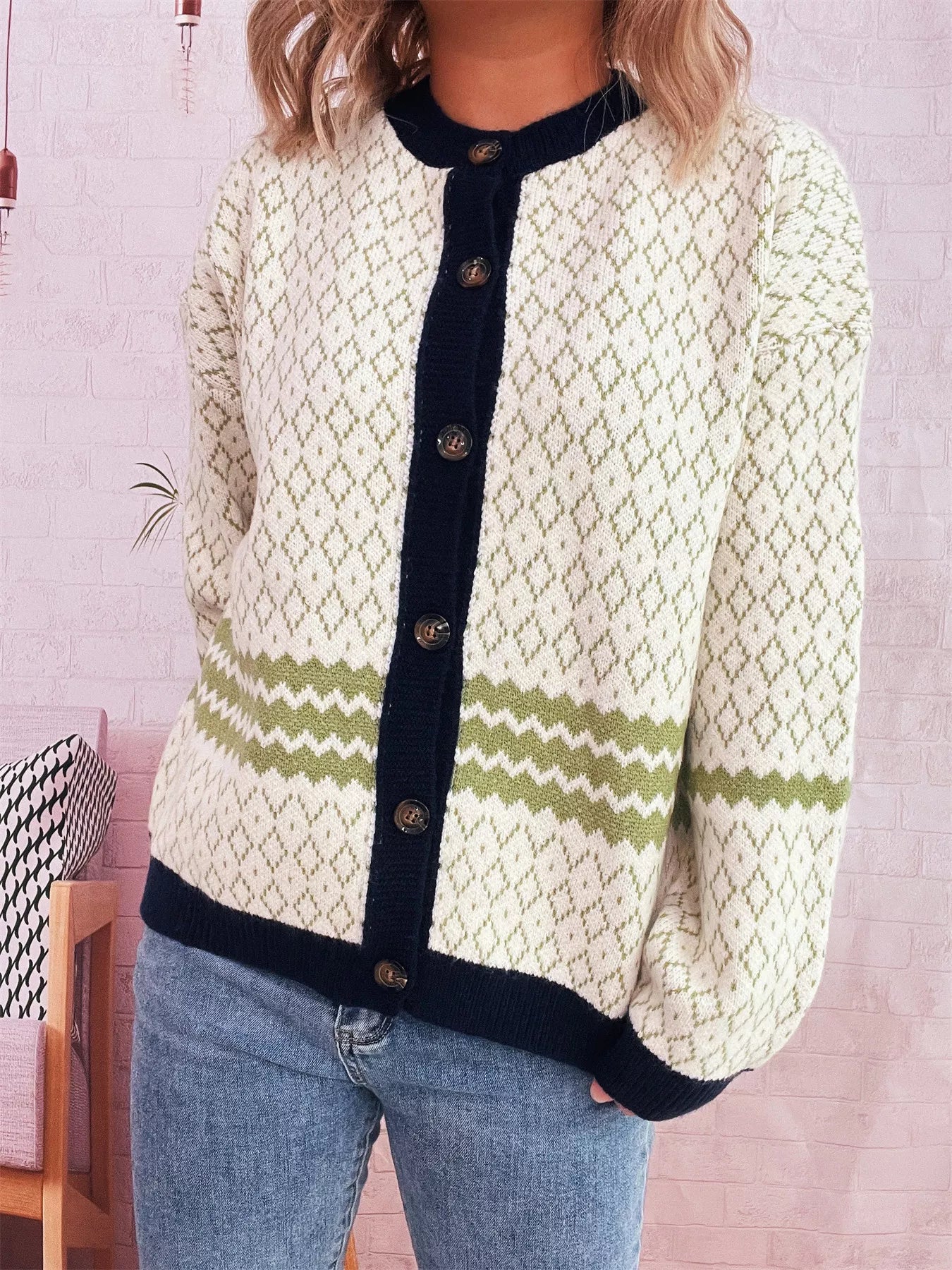 Geometric Pattern Button Up Cardigan OutfitFlow