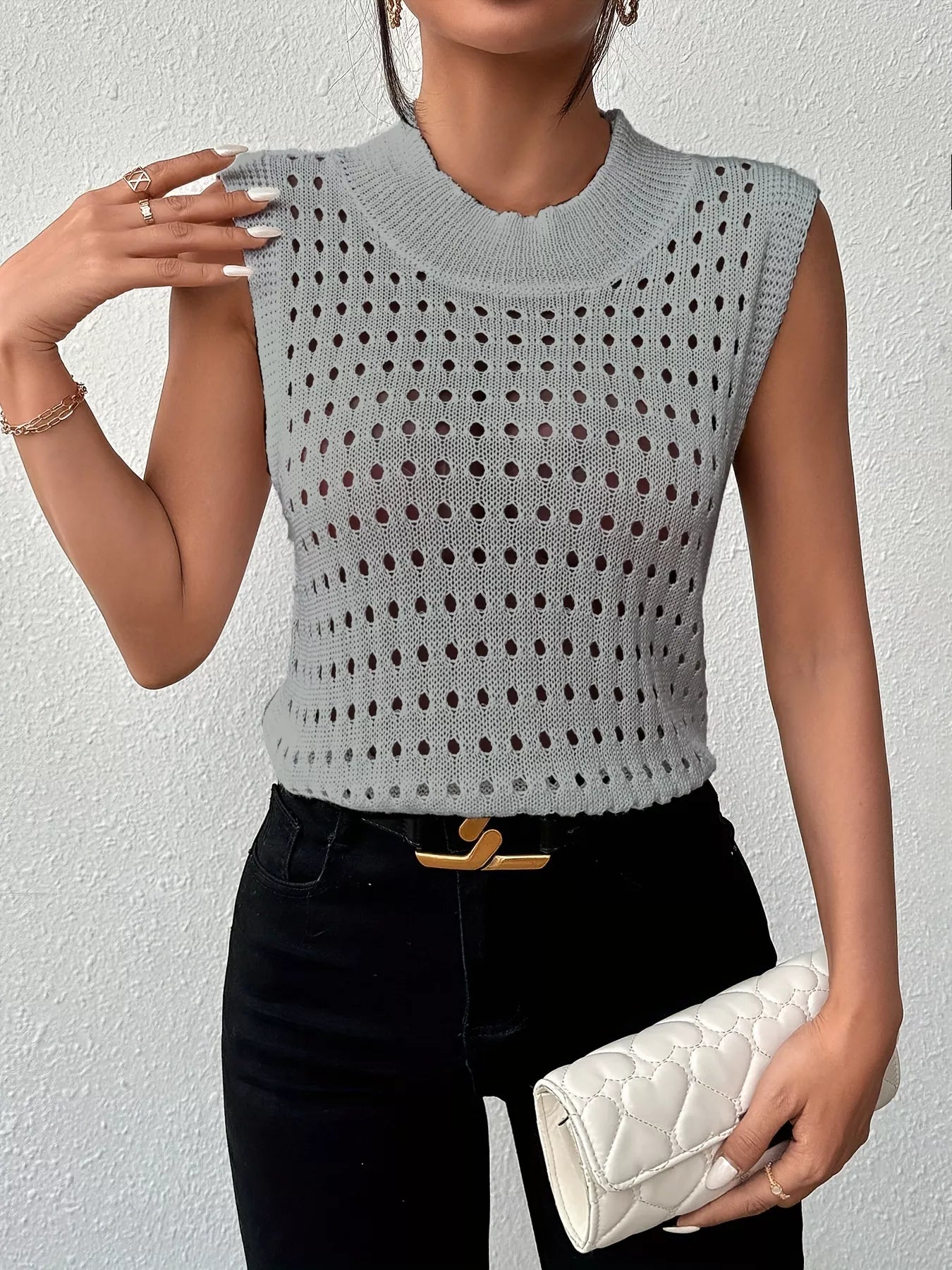 Hollow Out Round Neck Knit Tank OutfitFlow