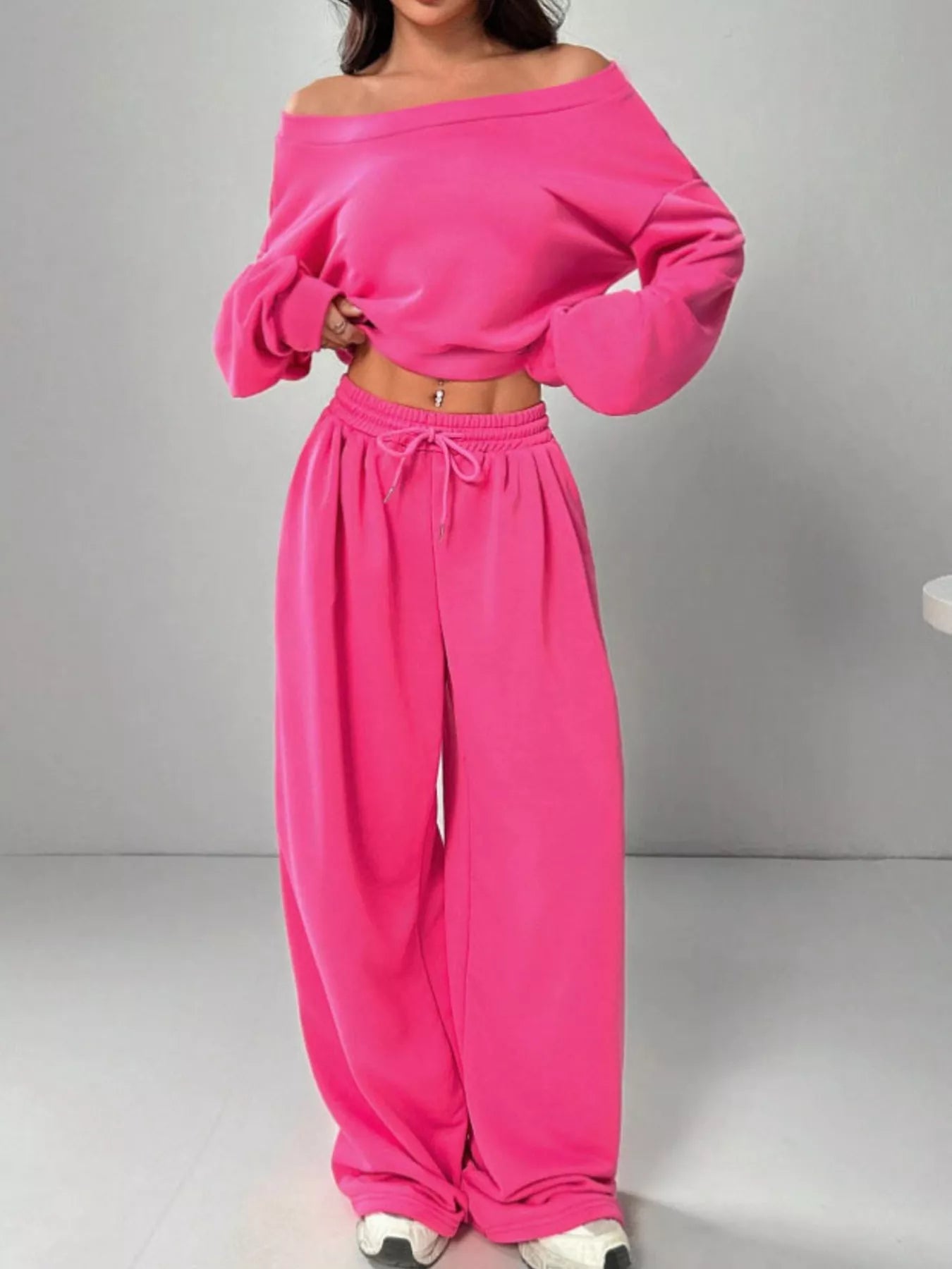 Boat Neck Long Sleeve Top and Pants Set OutfitFlow