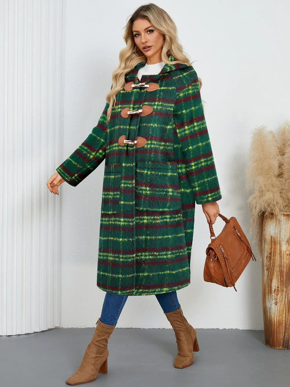 Plaid Long Sleeve Hooded Coat with Pockets OutfitFlow