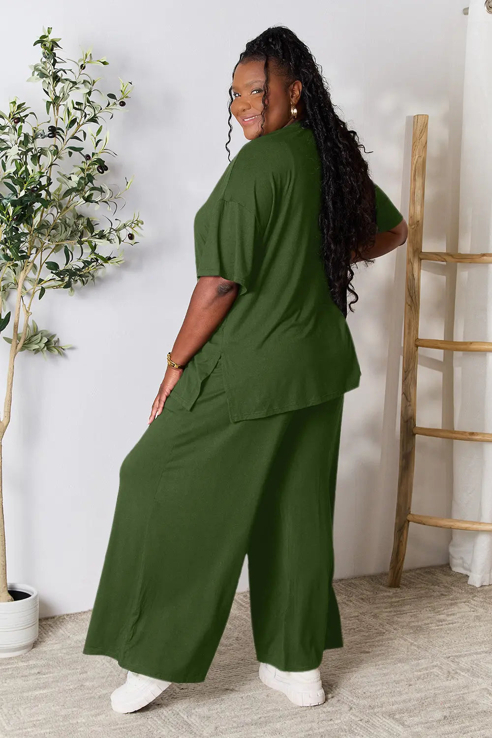 Double Take Full Size Round Neck Slit Top and Pants Set OutfitFlow