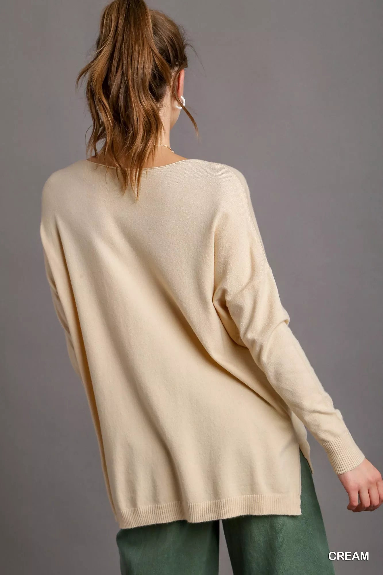 Umgee V-Neck High Low Hem Knit Top with Side Slit OutfitFlow