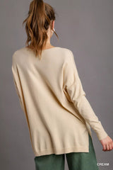 Umgee V-Neck High Low Hem Knit Top with Side Slit OutfitFlow