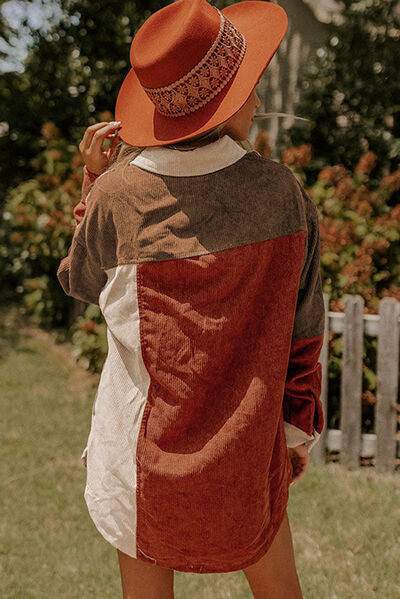 Color Block Curved Hem Corduroy Shacket with Pocket OutfitFlow