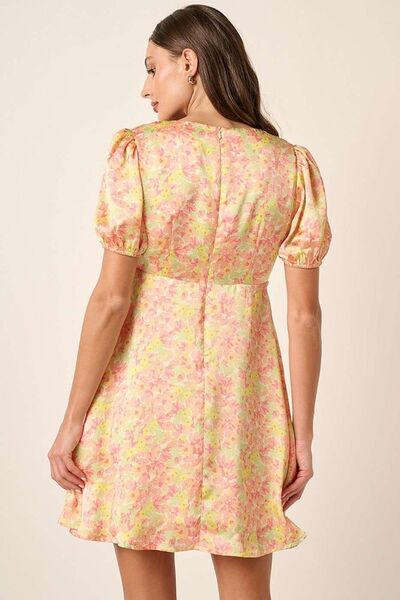 Mittoshop Printed V-Neck Puff Sleeve Mini Dress OutfitFlow