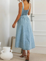 Sweetheart Neck Button-Front Midi Denim Dress OutfitFlow