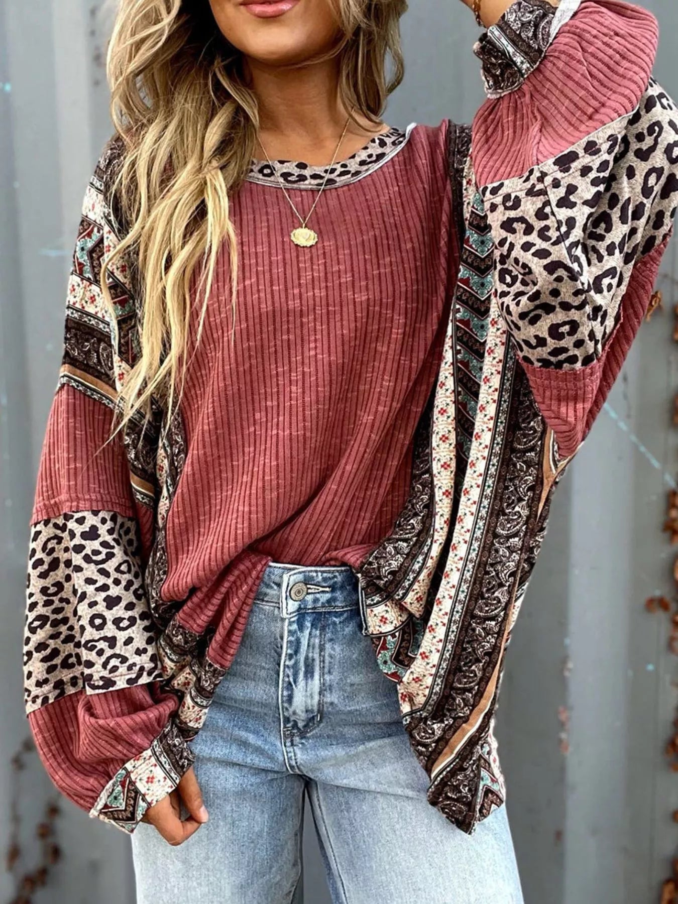 Leopard Color Block Ribbed Top OutfitFlow