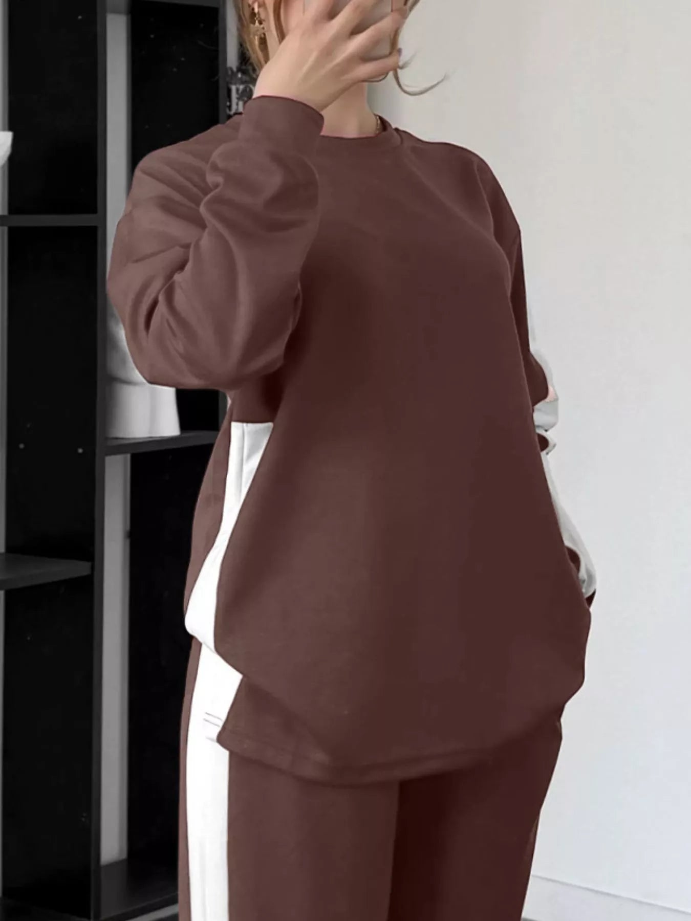 Full Size Contrast Round Neck Top and Pants Set Plus Size OutfitFlow