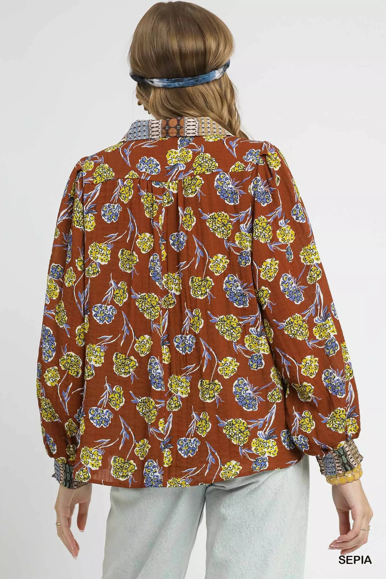 Umgee Floral Print Collar Blouse OutfitFlow