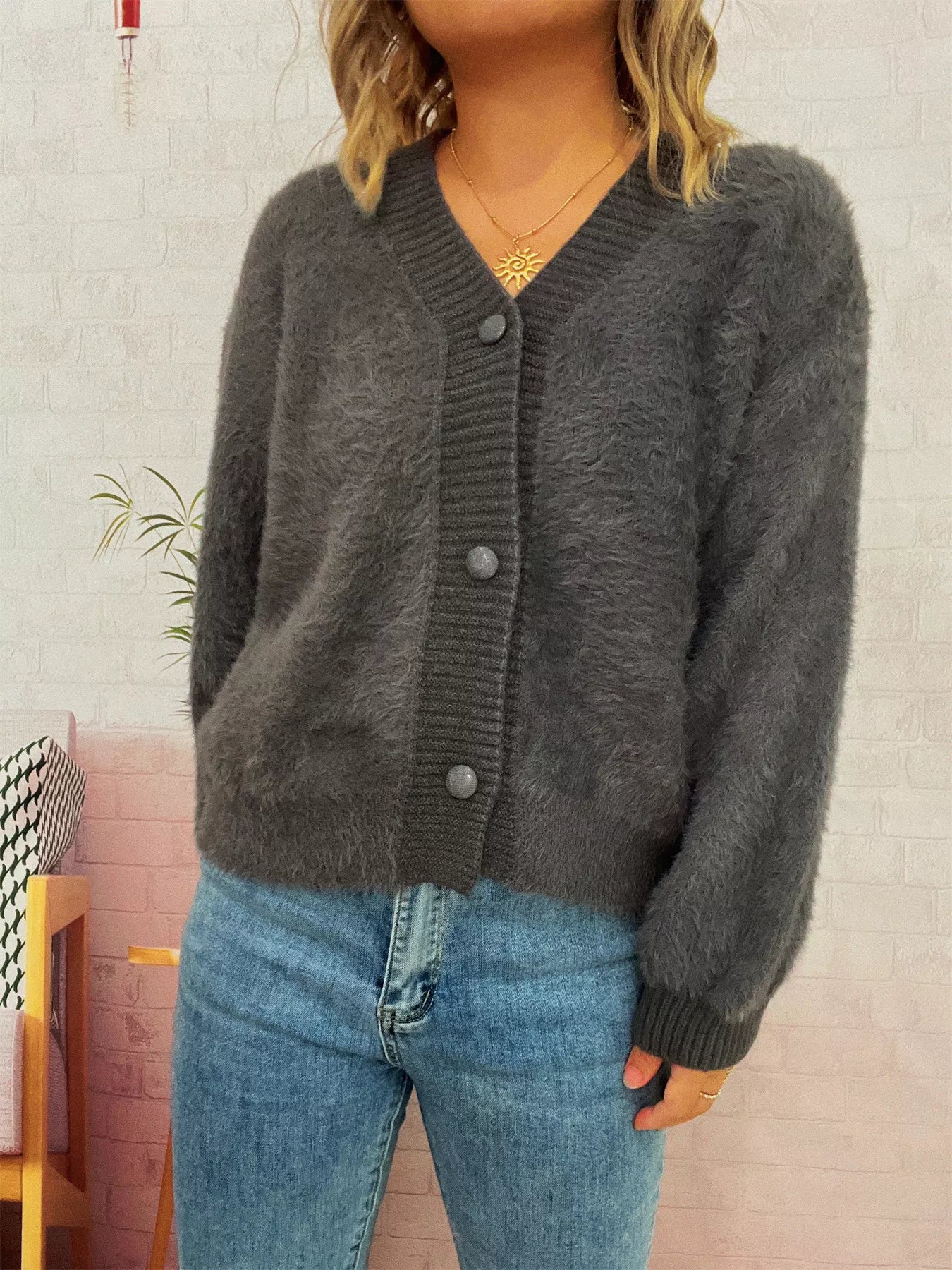Fuzzy Button-Up Long Sleeve Cardigan OutfitFlow
