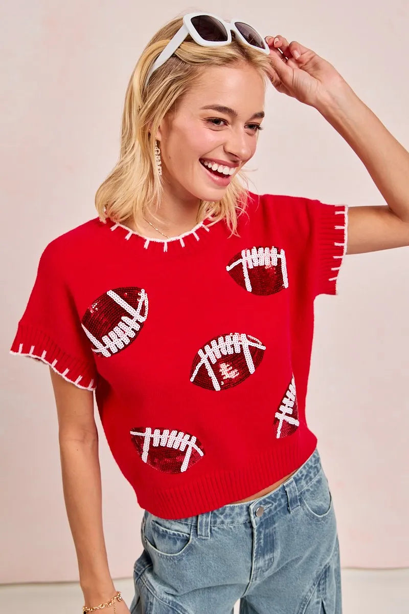 BiBi Gameday Sequin Football Embroidered Stitch Sweater OutfitFlow